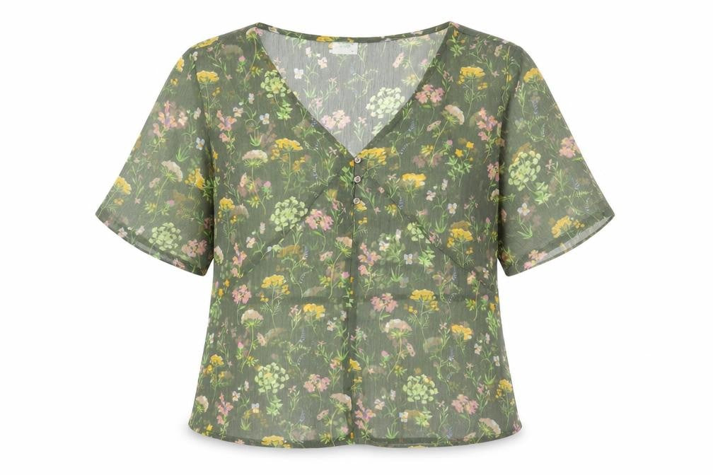 Front view of Jacqueline de Yong Women's Floral Blouse, size 12, Short Sleeve