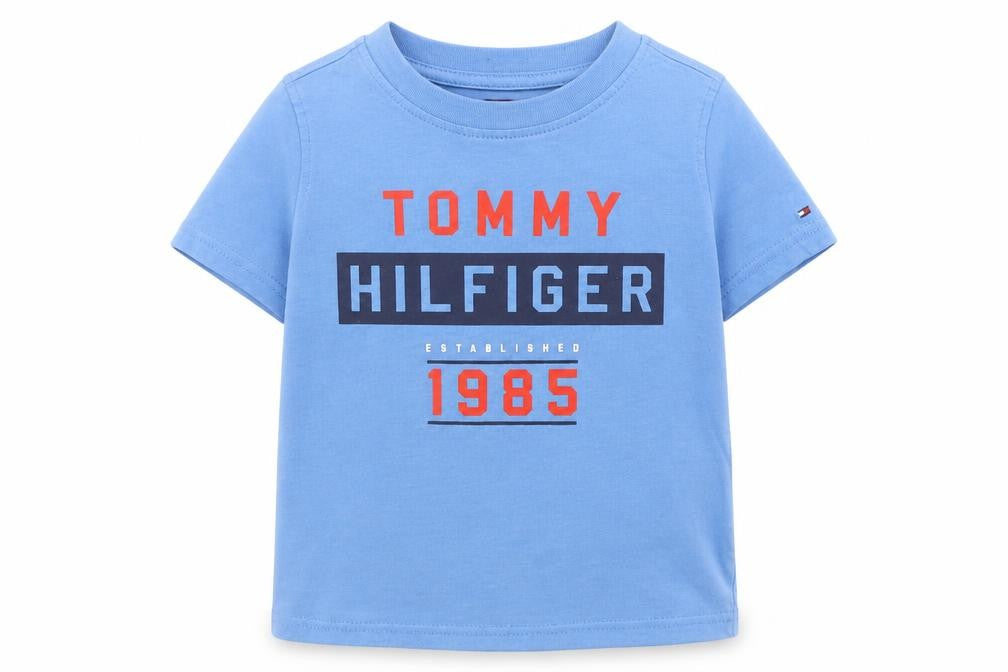 Front view of Tommy Hilfiger Blue unisex toddler t-shirt 36m pullover