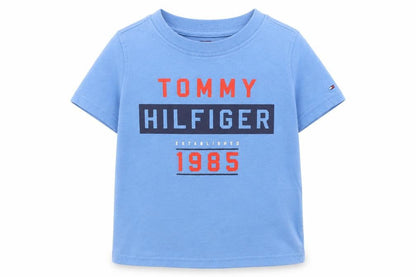 Front view of Tommy Hilfiger Blue unisex toddler t-shirt 36m pullover