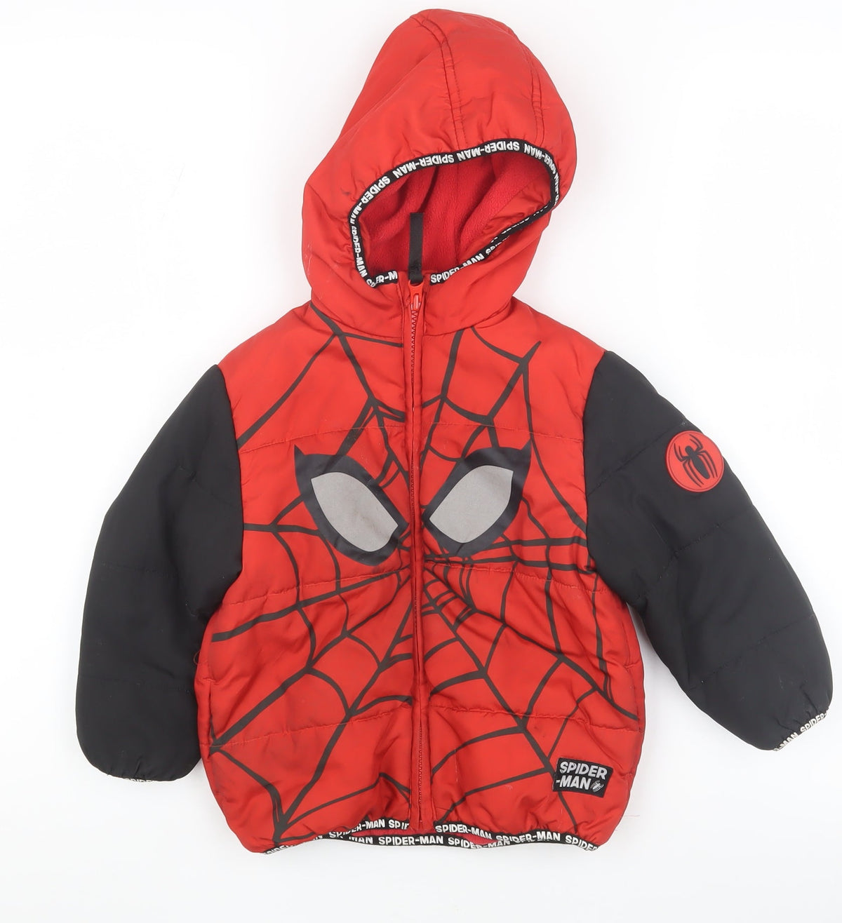 Front view of Marvel boys’ spider-man red hooded puffer jacket 2-3 years