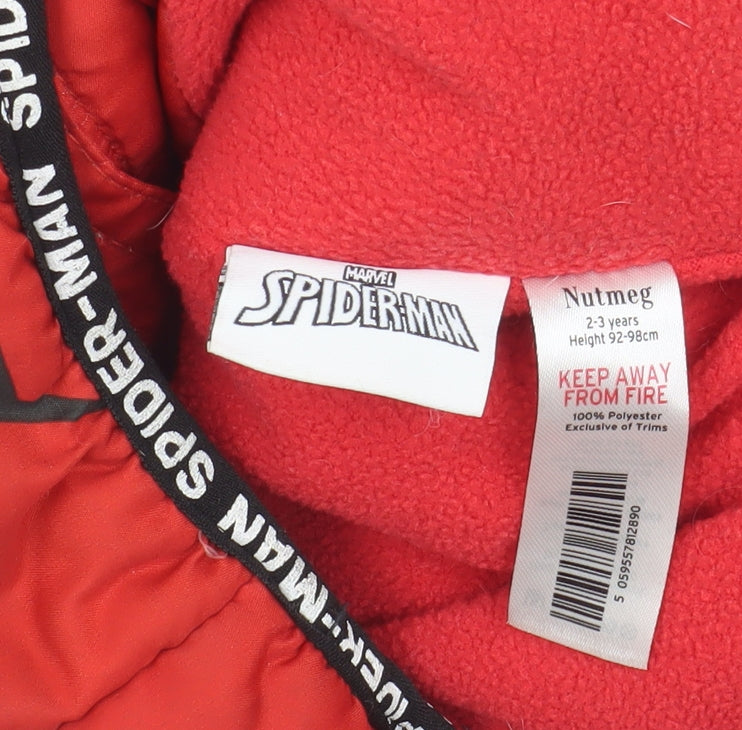 Close-up detail of Marvel boys’ spider-man red hooded puffer jacket 2-3 years