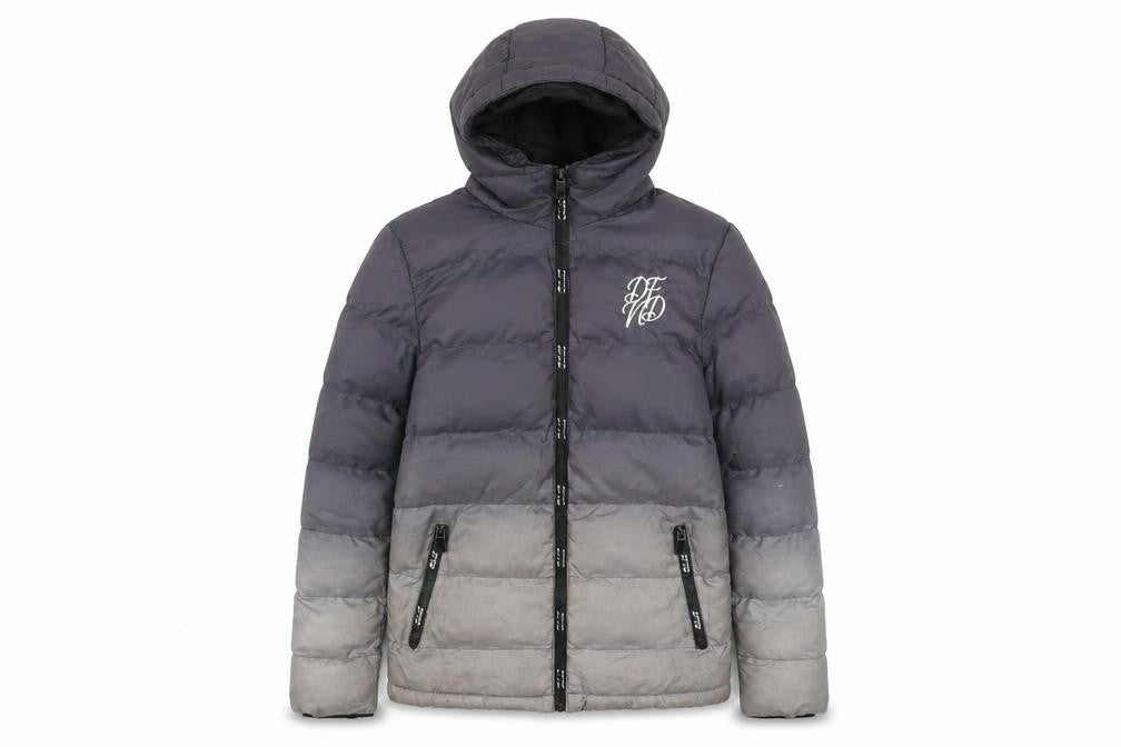 Front view of PF boys’ grey ombré puffer jacket, 11-12 years, hooded