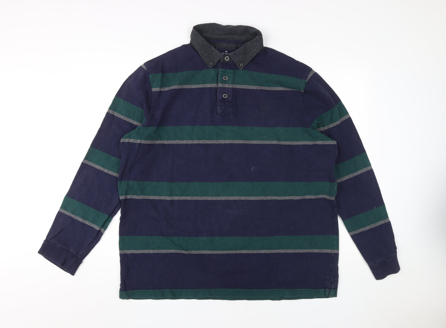 Marks and Spencer Men's Blue Striped Long Sleeve Polo XL