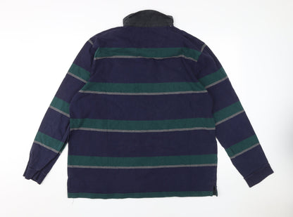 Marks and Spencer Men's Blue Striped Long Sleeve Polo XL