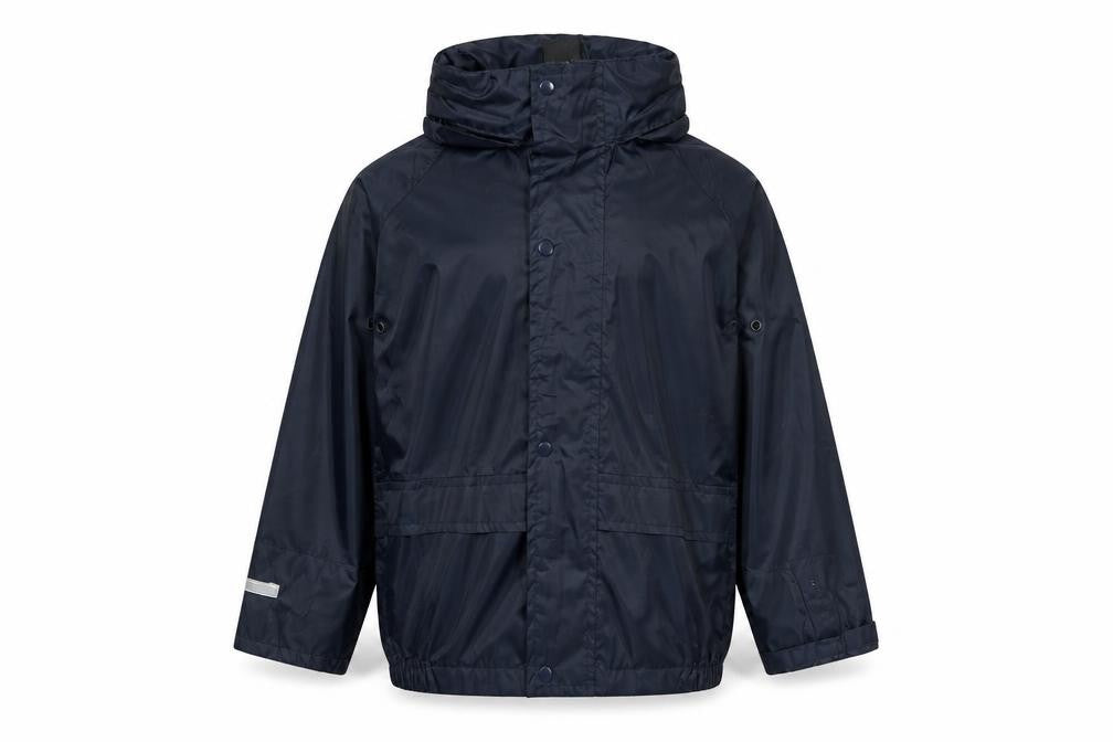Front view of Result boys’ blue waterproof hooded rain coat xs