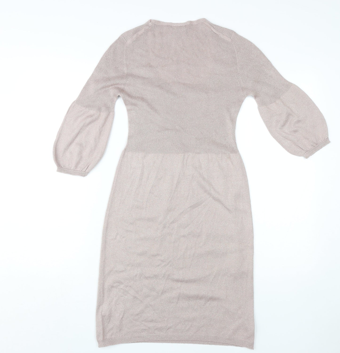 Next Beige A-Line Midi Dress, UK 8, 3/4 Balloon Sleeve