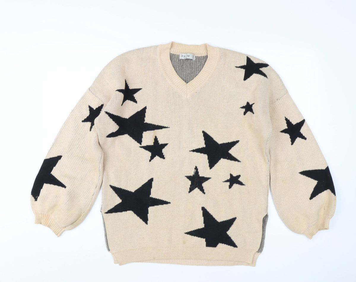 PREM Women Beige Star Pattern Cotton Pullover Jumper UK 8