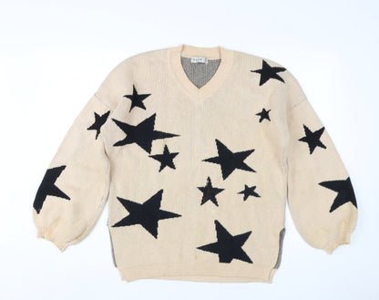 PREM Women Beige Star Pattern Cotton Pullover Jumper UK 8