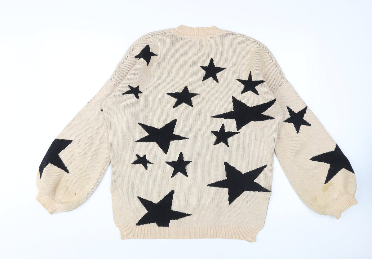 PREM Women Beige Star Pattern Cotton Pullover Jumper UK 8