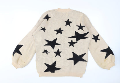 PREM Women Beige Star Pattern Cotton Pullover Jumper UK 8