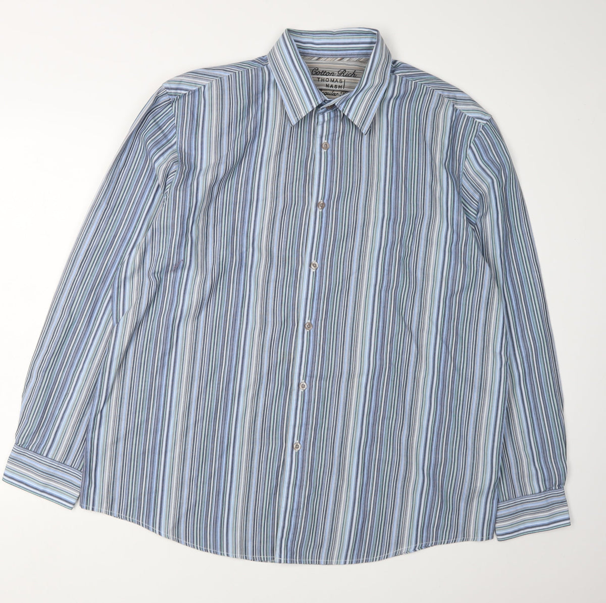 Additional front view of Thomas Nash Men's Blue Striped Button-Up Shirt Large