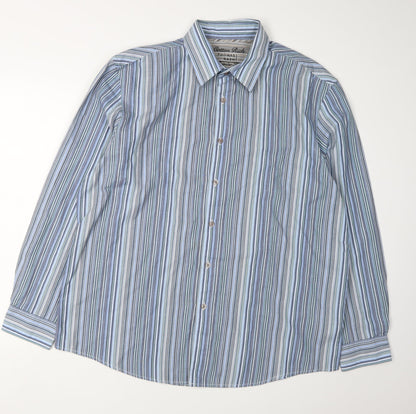 Additional front view of Thomas Nash Men's Blue Striped Button-Up Shirt Large