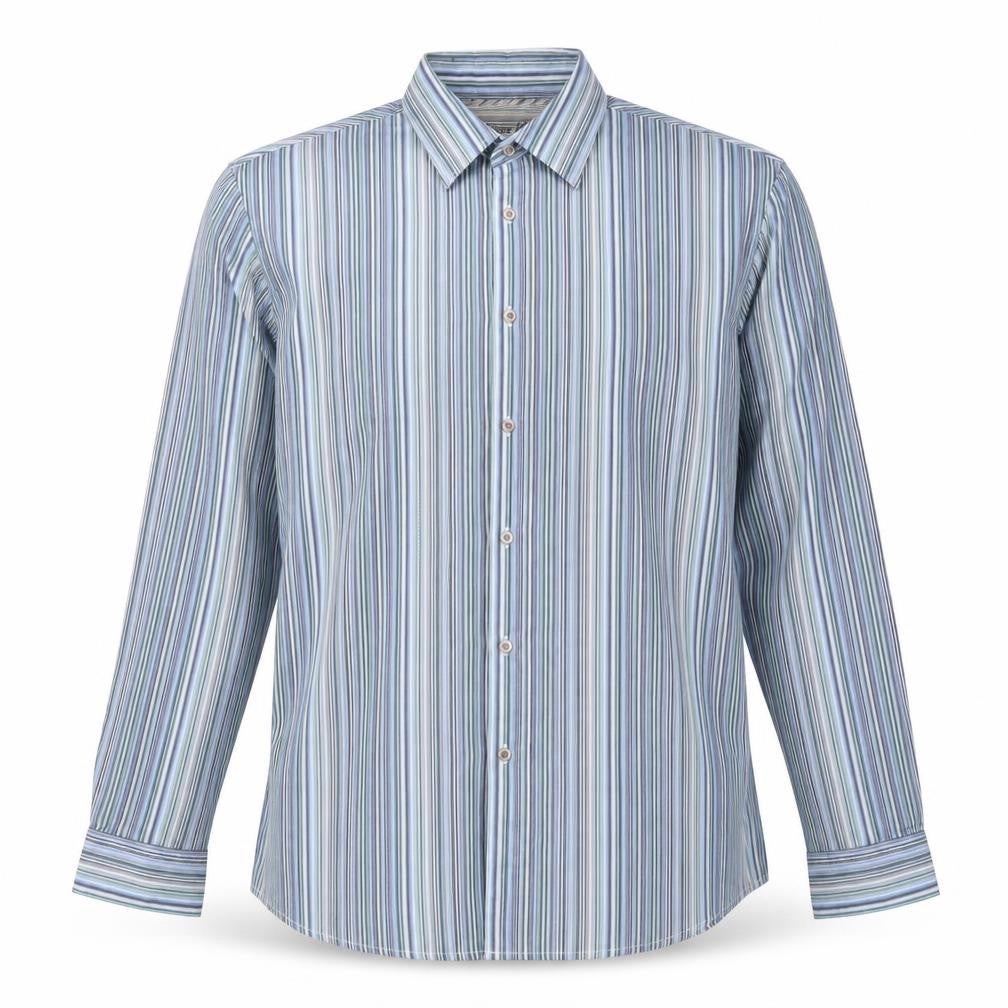 Front view of Thomas Nash Men's Blue Striped Button-Up Shirt Large