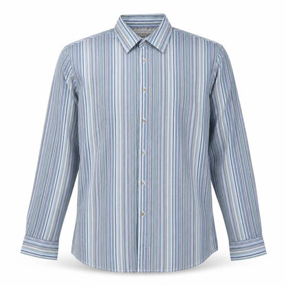 Front view of Thomas Nash Men's Blue Striped Button-Up Shirt Large