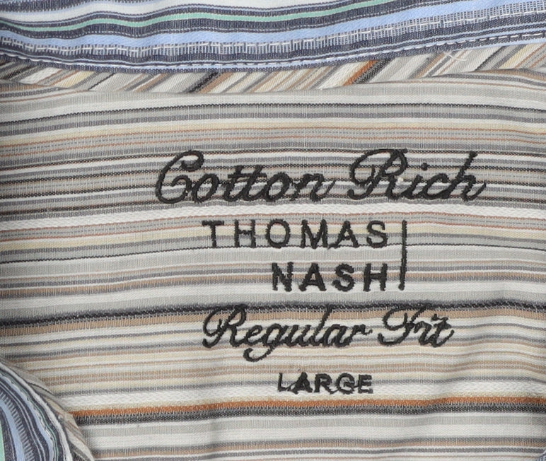 Close-up detail of Thomas Nash Men's Blue Striped Button-Up Shirt Large