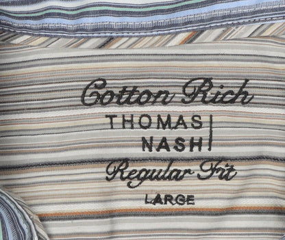 Close-up detail of Thomas Nash Men's Blue Striped Button-Up Shirt Large