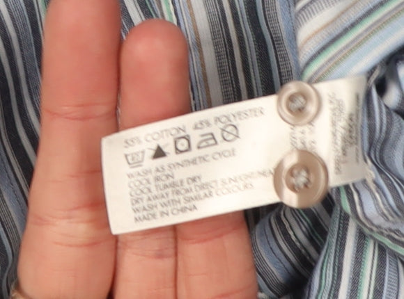 Brand and care label for Thomas Nash Men's Blue Striped Button-Up Shirt Large