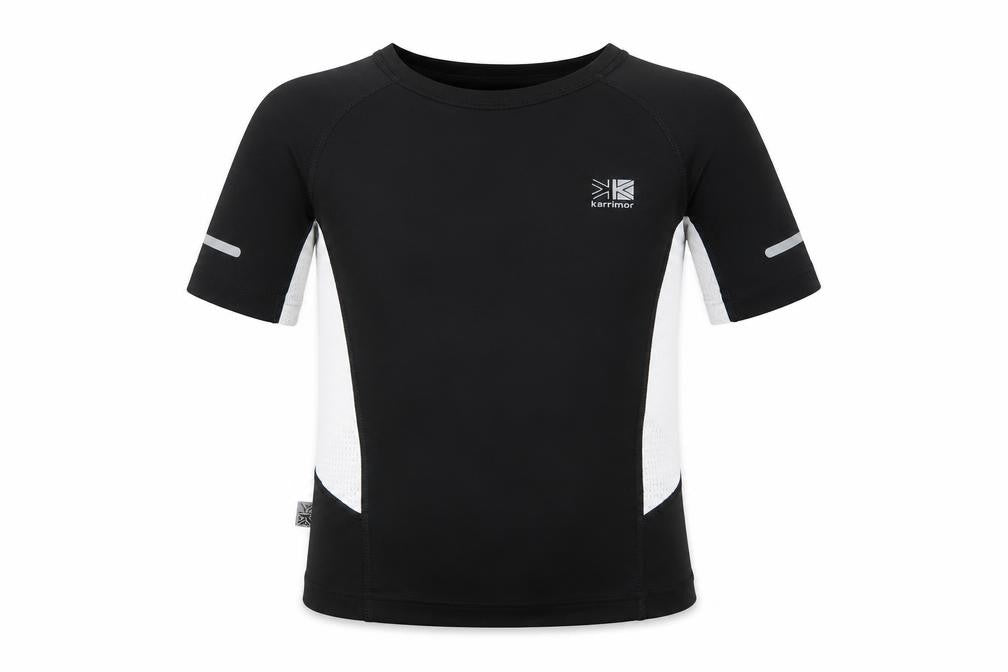 Front view of Karrimor boys’ black running t-shirt, 7-8 years, reflective