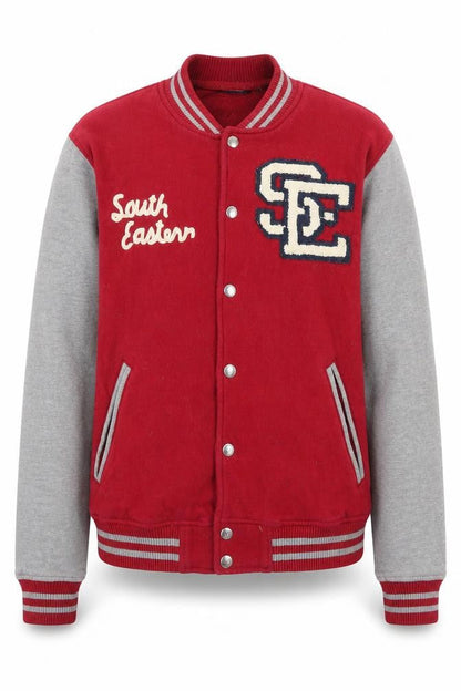 Front view of Max boys’ red varsity jacket, size L, with snap closures