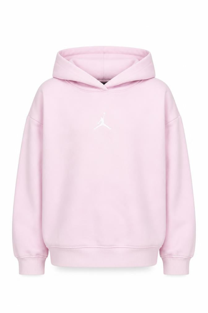 Front view of Jordan girls’ pink hoodie, 10-12 years, pullover, logo accent