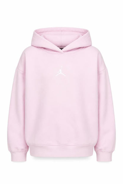 Front view of Jordan girls’ pink hoodie, 10-12 years, pullover, logo accent