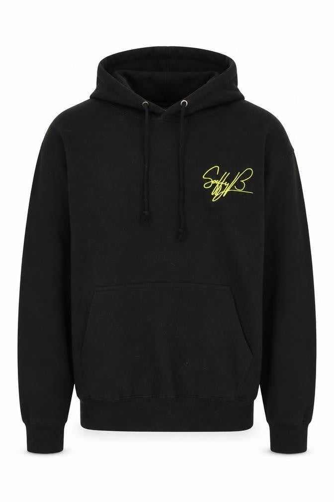 Front view of Saffy B unisex black graphic hoodie, size L