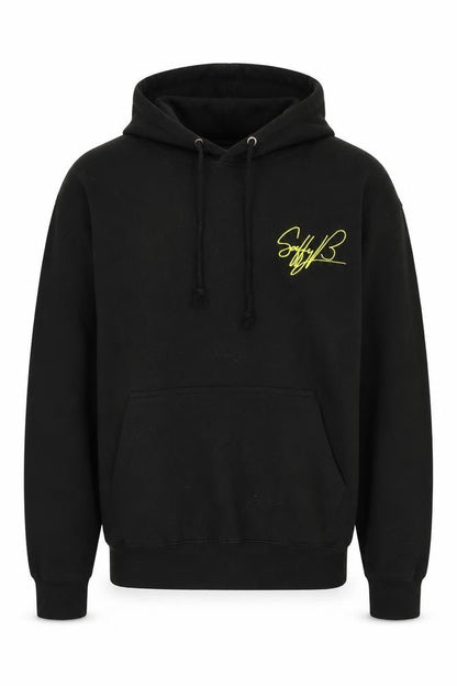 Front view of Saffy B unisex black graphic hoodie, size L