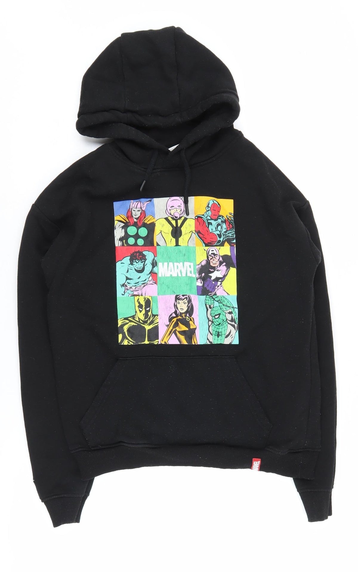 Front view of Marvel unisex adults black pullover hoodie, size M