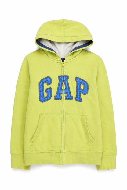 Front view of Gap boys’ green full zip hoodie m logo casual