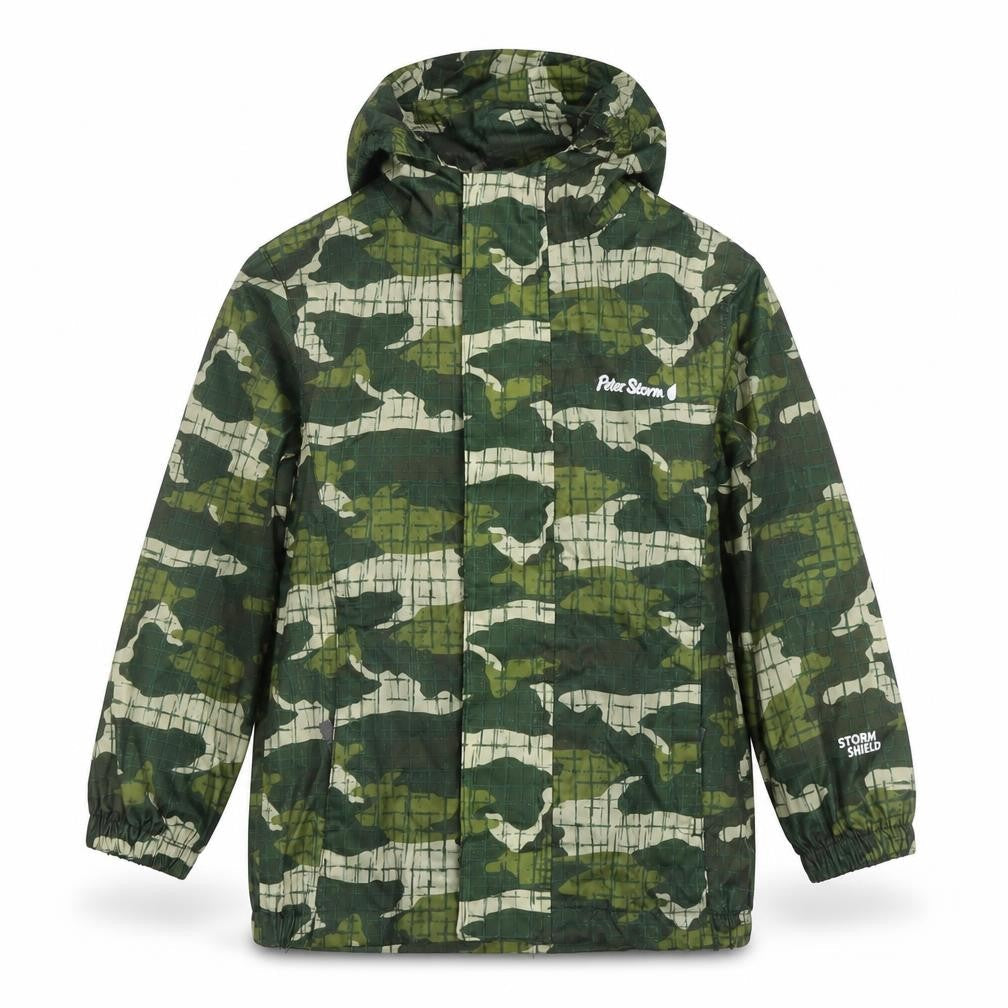 Front view of Peter Storm boys’ green camouflage rain coat, size 3-4, years