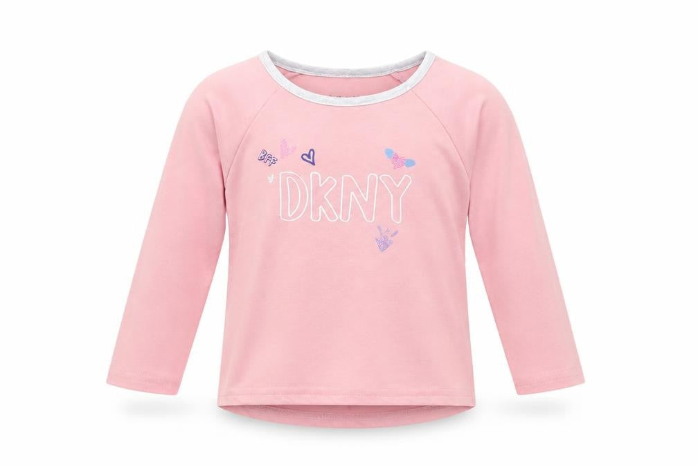 Front view of DKNY girls’ pink long sleeve t-shirt, size 5, pullover style