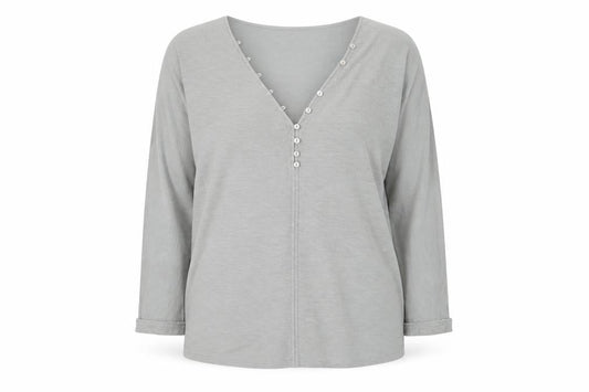 Front view of Massimo Dutti Women's Grey V-Neck Blouse, size 10, Cotton