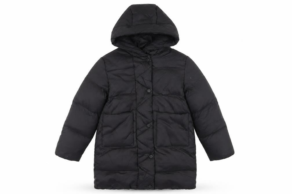 Front view of Zara girls’ black hooded puffer jacket, size 8, winter coat