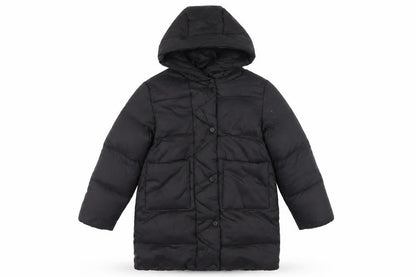 Front view of Zara girls’ black hooded puffer jacket, size 8, winter coat