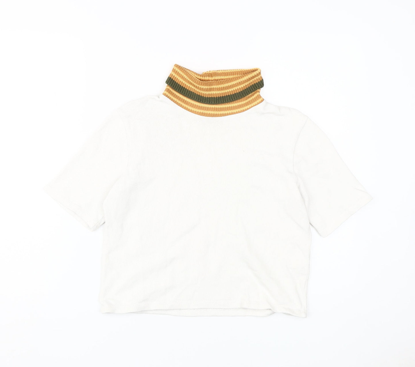 Zara Women's White T-Shirt with Knit Collar Size M