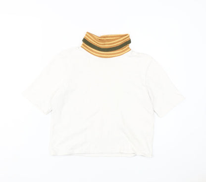 Zara Women's White T-Shirt with Knit Collar Size M
