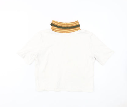 Zara Women's White T-Shirt with Knit Collar Size M