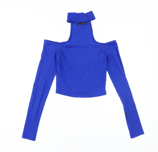Bershka Women's Blue Cropped Knit Top, XS