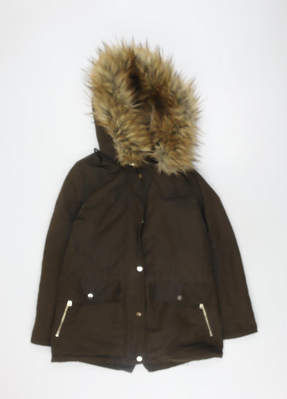 Zara Women's XS Brown Parka Jacket with Fur Trim