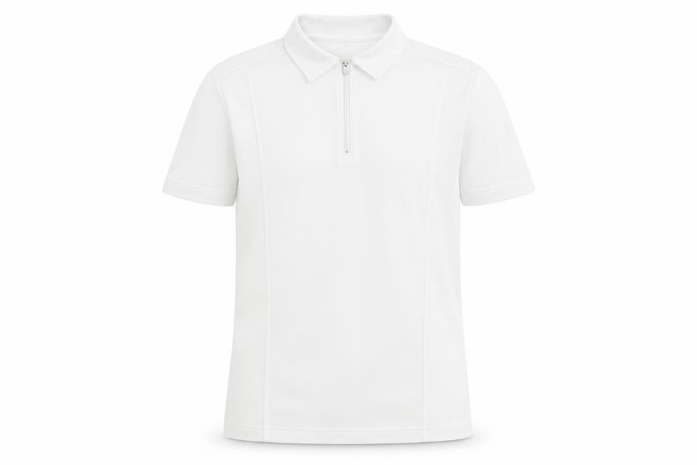 Front view of Emsmorn unisex white polo shirt, size 12