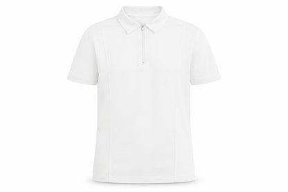 Front view of Emsmorn unisex white polo shirt, size 12