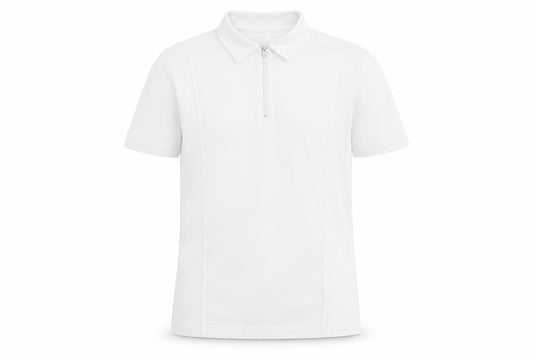 Front view of Emsmorn unisex white polo shirt, size 12