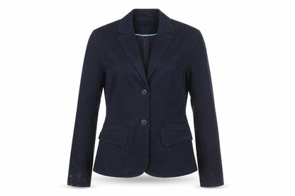 Front view of Musto Women's Blue Blazer, size 8, Lined Cotton
