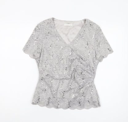 Jacques Vert Women's Grey Lace Sequin Wrap Blouse, Size 10