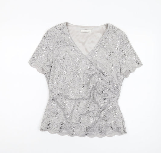 Jacques Vert Women's Grey Lace Sequin Wrap Blouse, Size 10