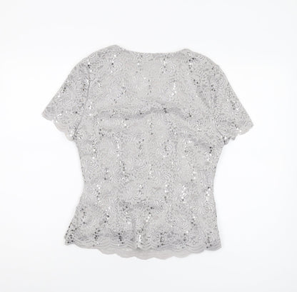 Jacques Vert Women's Grey Lace Sequin Wrap Blouse, Size 10