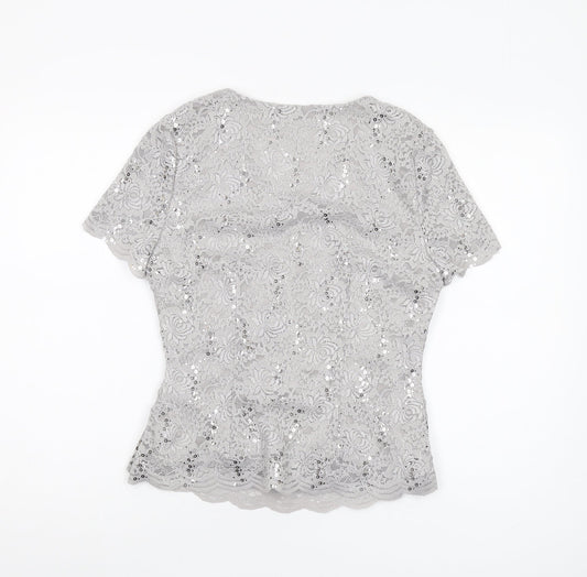 Jacques Vert Women's Grey Lace Sequin Wrap Blouse, Size 10