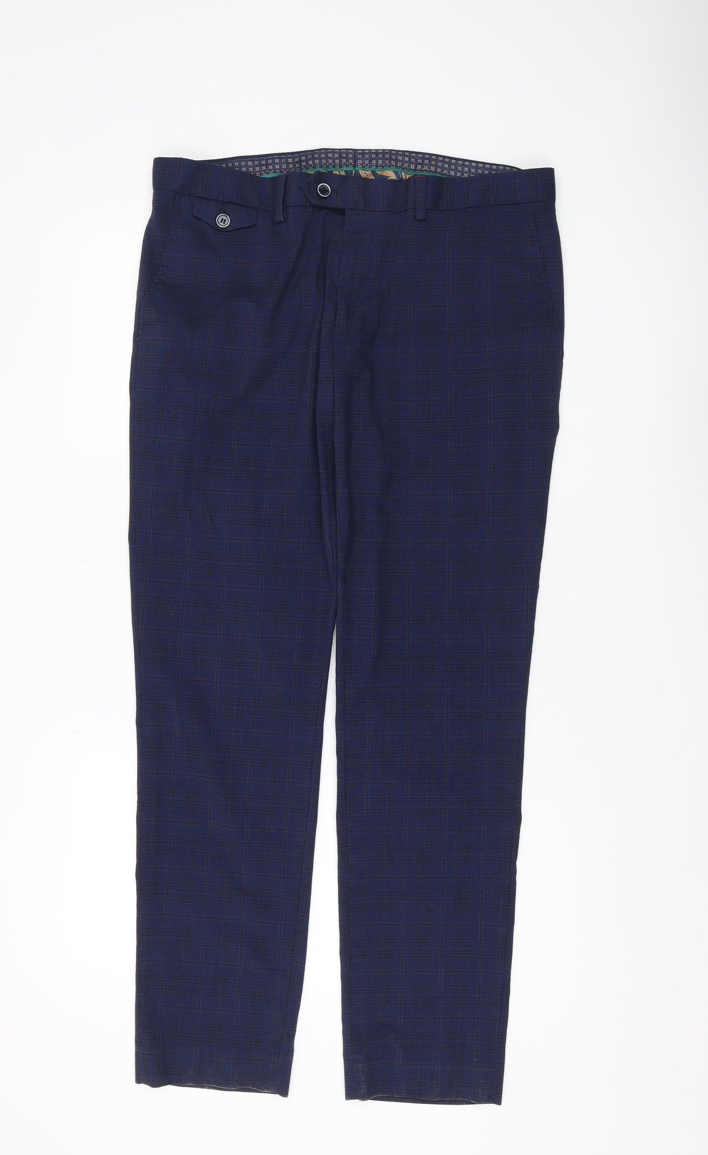 Spitalfields Men's Blue Check Slim Trousers 36R