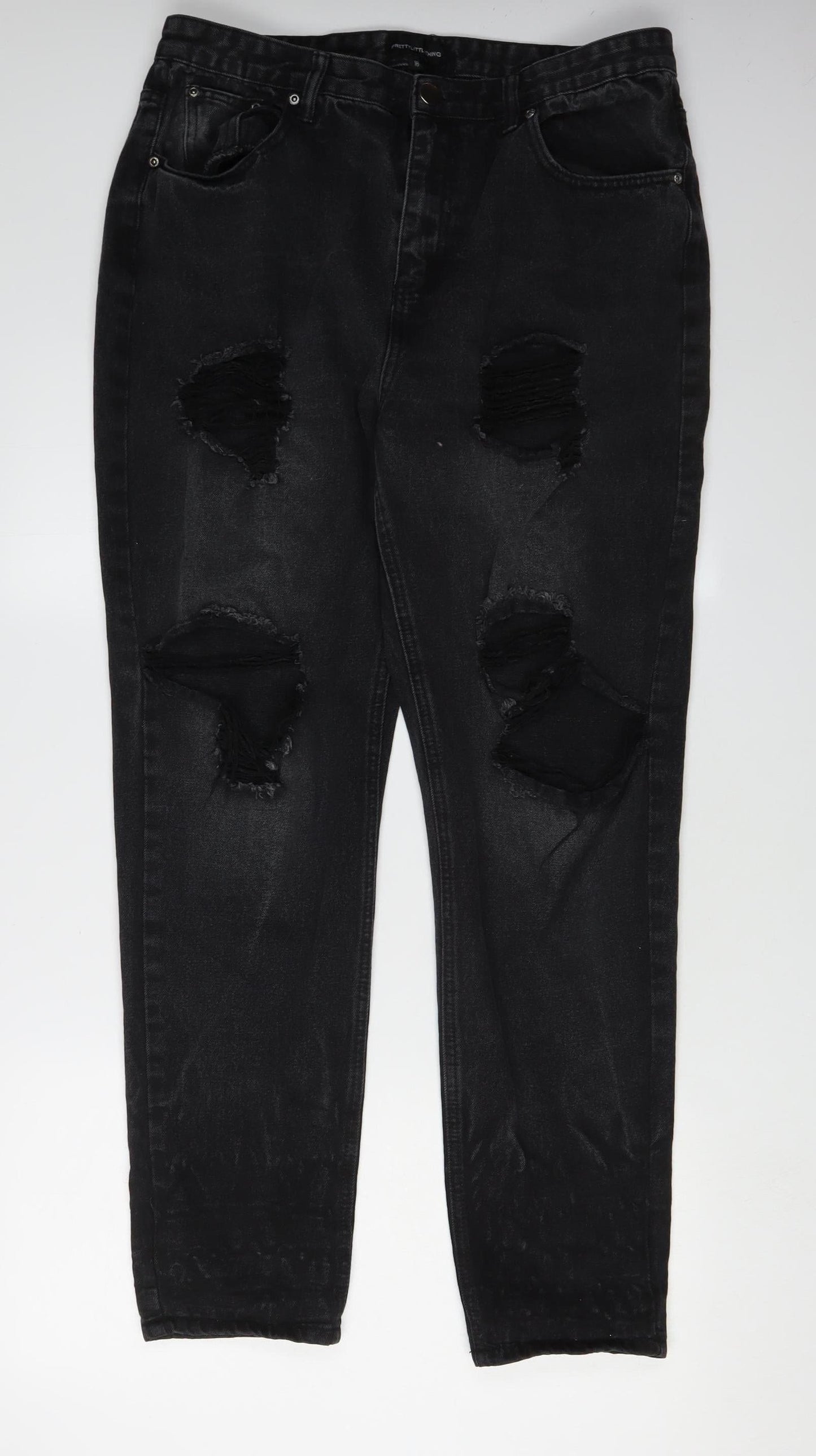 PrettyLittleThing Women's Black Distressed Straight Jeans Size 16