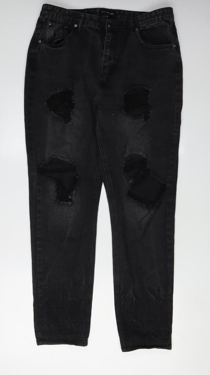 PrettyLittleThing Women's Black Distressed Straight Jeans Size 16